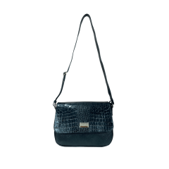 BOLSA EM COURO ROMA PRETO COM CROCO PRETO - REF 4102